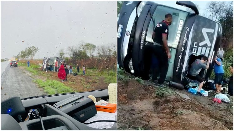 Ônibus da banda de Kevi Jonny que estava na grade de atrações da Cavalgada da Lua em Riachão tomba na BR 242