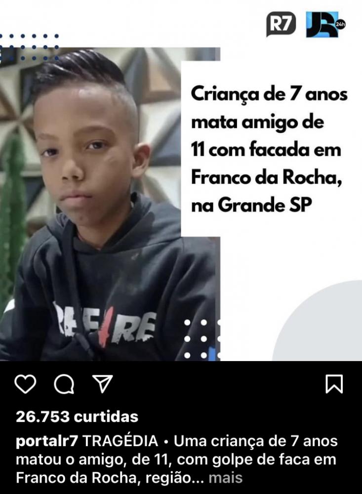 Garoto de 7 anos mata amigo de 11 com facada em Franco da Rocha na grande SP