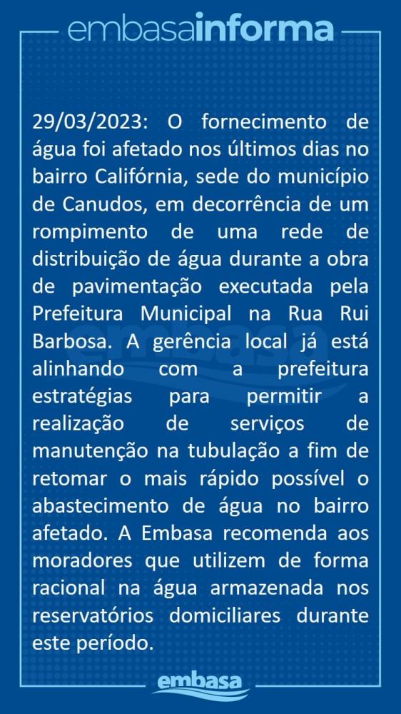 Obra de pavimentação rompe tubulação e afeta abastecimento de água no bairro Califórnia, em Canudos